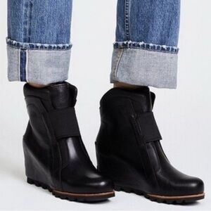 Sorel Fiona Wedge Black Leather Ankle Booties Chunky Heel Size 7.5
